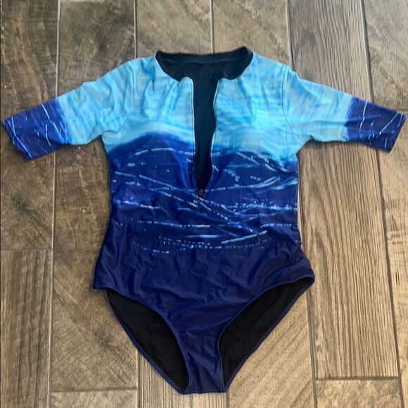 Blue Ombré One Piece Swim with Short Sleeves - Picture 1 of 2